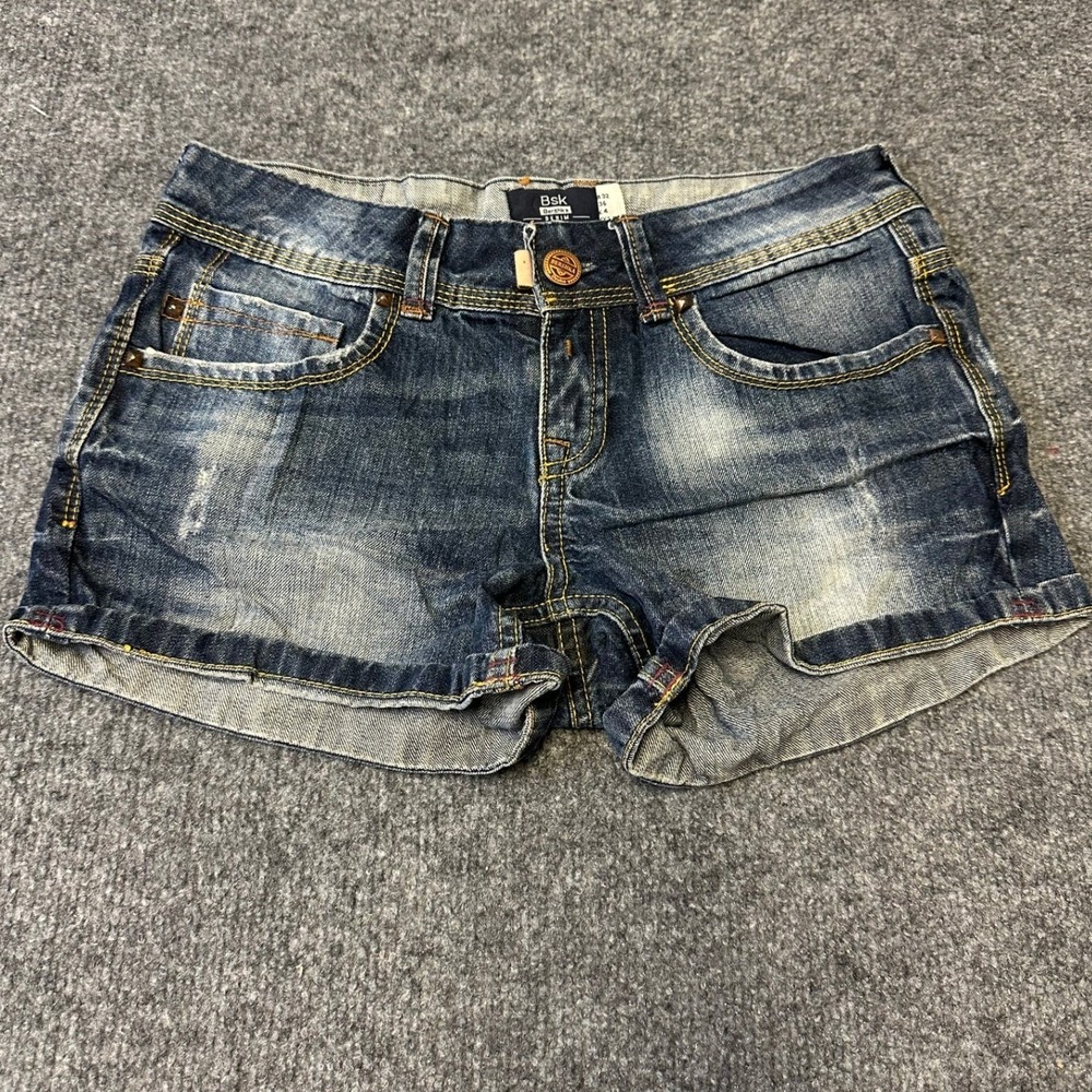 Bershka Shorts Womens Size 4 Blue Denim Distressed Low Rise Cuffed Cotton Casual